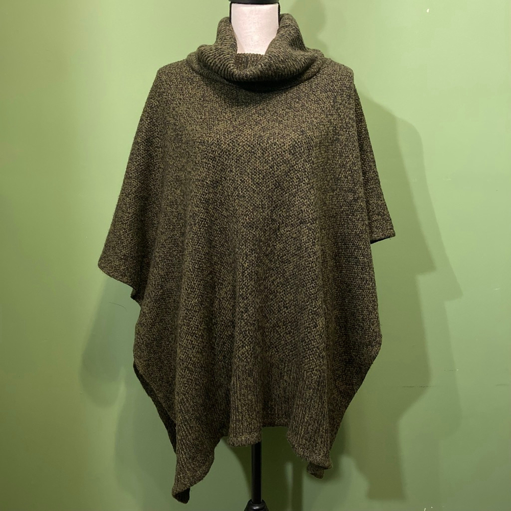 Women's Roots O/S Olive Green Black Heathered Knit Cowl Neck Poncho